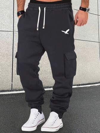 新款春秋季男士工装裤，时尚图案印花，松紧腰带抽绳，休闲运动旅行户外露营九分裤