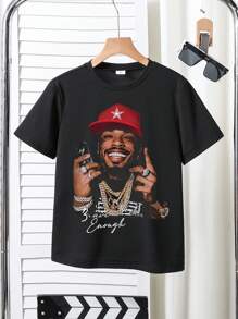 Tween Boy 圆领短袖图案印花休闲 T 恤 - 黑色 - 查看 1