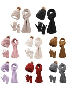 Set de 3 piezas de mujer con gorro de punto de rayas verticales de unicolor, bufanda y guantes, cálido y acogedor para uso casual al aire libre en otoño/invierno, accesorios de invierno, atuendos de invierno