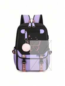 Large School Bag For Teen Girls USB Port Canvas Schoolbag Student Book Bag Fashion Black And Pink Teen School Backpack, Bag For School For College Classic Long Coin Purse, Faux Leather Multi Wallet, Large-Capacity Purse With Zipper Valentines - Purple - View 3