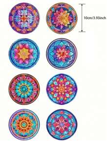 8pcs/Set Mandala Pattern Diamond Painting Diy Coaster Ab Shaped Rhinestones With Cup Holder - Multicolor - View 8