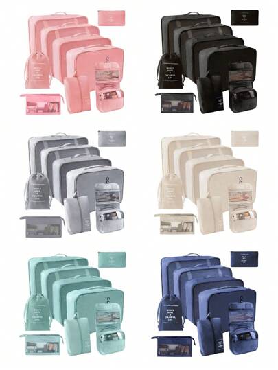 9pcs/Set Travel Packing Cubes, Including Toiletry Bag, Makeup Bag, Underwear, Shoe & Clothing Organizer Bags. Suitable For Clothes, Toiletries, Cosmetics, Brushes, Skincare, Phone, Small Items. Perfect For Travel, Vacation, Beach, College, Room Decor, Winter, Back To School,Boho Vibes