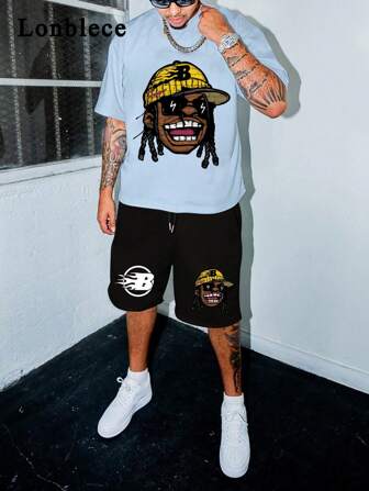 Lonblece مجموعة من تي شيرت وشورت رجالي، تي شيرت بنمط كرتوني أكمام قصيرة وشورت قطني منفذ هوائي، مناسب للارتداء اليومي في الربيع والصيف، 2 قطعة