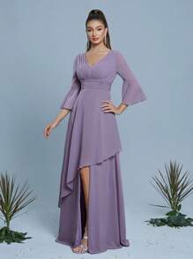 Mgiacy New Arrival V Neck Solid Color Bridesmaid Dress Flounce Sleeve Ruched OverlayChiffon Long Dress - Purple - View 6