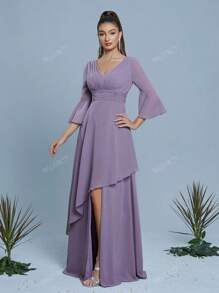 Mgiacy New Arrival V Neck Solid Color Bridesmaid Dress Flounce Sleeve Ruched OverlayChiffon Long Dress