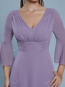 Mgiacy New Arrival V Neck Solid Color Bridesmaid Dress Flounce Sleeve Ruched OverlayChiffon Long Dress