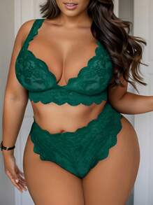 Women Plus Size 2 Piece Lingerie Sexy Floral Lace Scallop Trim Bralette And High Waist Panty Set - màu xanh lá - Xem 3