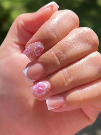 24 件法式美甲假指甲，粉色花朵和白色波尔卡圆点图案，优雅椭圆形短方头亚克力指甲，适合日常佩戴，可重复使用，适合女士和女孩使用，配有指甲锉和果冻胶，美甲用品