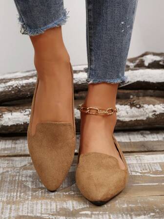 Women's Fashion Versatile Brown Pointed Toe Flat Slip-On Shoes, Lightweight & Comfortable For Everyday Work Wear, Spring/Autumn