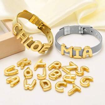 26pcs Smooth Letter Charm Bracelet, Suitable For Women DIY Name Bracelets, Plated Gold Jewelry