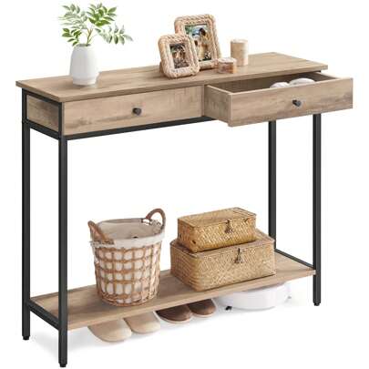VASAGLE Table Console, Table d'Entrée, Bout de Canapé, avec 2 Tiroirs, Cadre en Acier, pour Entrée, Chambre, Salon, Style Industriel, Marron Camel et Noir d'encre