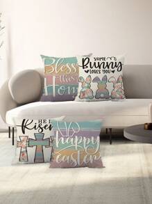 4 Pcs/1 Pc Flower Rabbit Easter Theme Soft And Comfortable Printed Short Wool Pillowcase Invisible Zipper Living Room Sofa Pillowcase No Pillow Core - Multicolor - View 2