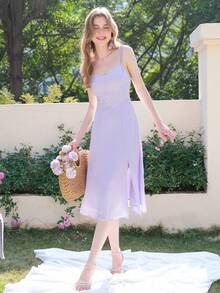 夏季时尚纯色露背开叉细肩带连衣裙