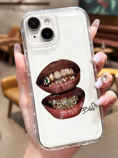 1pc Minimalist Personalized Gold-Rimmed Teeth & Lip Pattern Airbag Anti-Slip Phone Soft Case Compatible With IPhone 11/12/13/14/15/16/17 Pro Max