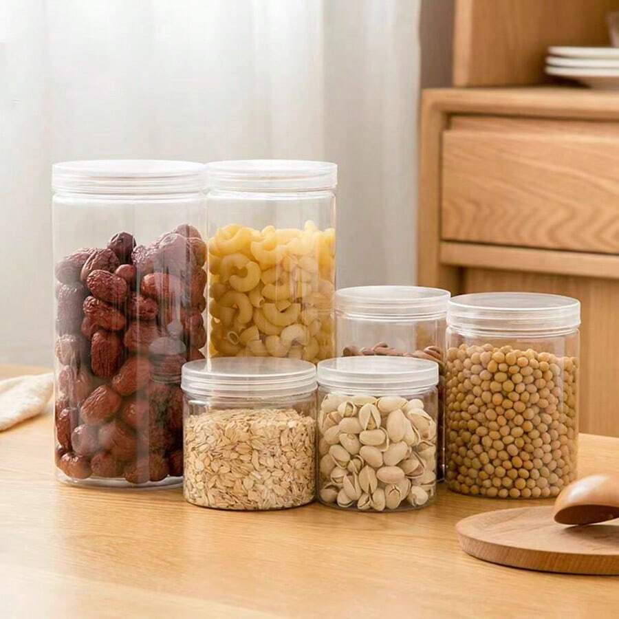1 件多尺寸透明塑料瓶/罐，坚果和谷物密封食品储存容器，适合厨房、餐厅、客厅使用，[挤压瓶盖颜色随机] - 彩色 - 查看 1