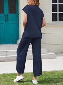 Women's 2 Piece Outfits Sweater Set Knit Pullover Tops High Waisted Pants Sweatsuits Lounge Set - Navy Blue - View 2