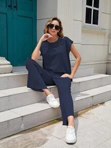 Women's 2 Piece Outfits Sweater Set Knit Pullover Tops High Waisted Pants Sweatsuits Lounge Set - Navy Blue - View 3