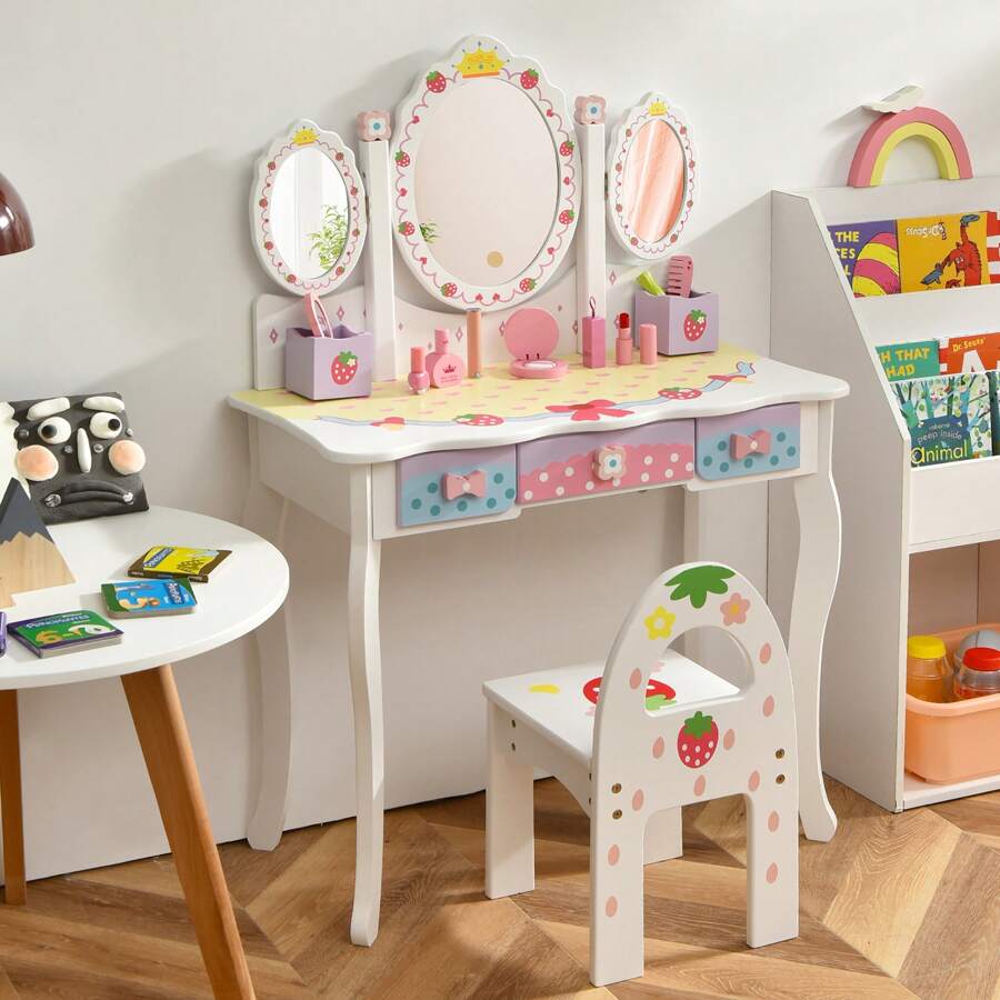 Lifezeal Tocador infantil de princesa, juego de mesa y silla con espejo triple, color blanco - Blanco - Ver 1