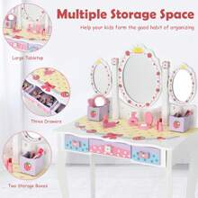 Lifezeal Kids Vanity Princess Makeup Dressing Table Chair Set W/ Tri-Fold Mirror White - 白色 - 查看 7