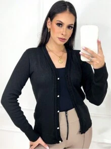Women's Long Sleeve Cardigan Blouse Elegant Pearl Button - 黑色 - 查看 2