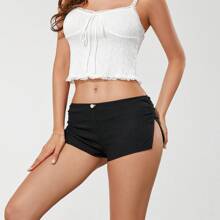 Cute Micro Pajamas Shorts For Y2K Floral Women Low Rise Side Slit Ruched Lounge Shorts Pj Bottoms Sleep Shorts - Black - View 6