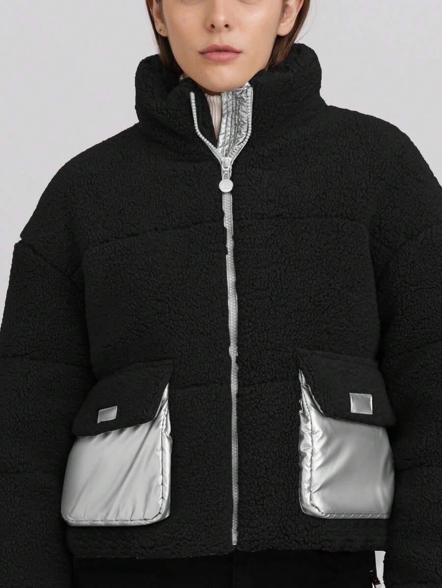 女士休闲宽松短款棉质夹棉大衣配人造泰迪熊毛皮，冬季 - 黑色 - 查看 1