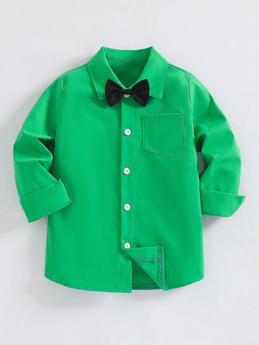 男童长袖翻领正式衬衫配领结，绅士风格，适合学院风、派对、婚礼、节日等场合，经典上衣