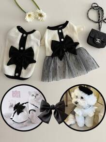 1pc Langxingcs Black & White Elegant Romantic Pet Dress, Romantic Cat/Dog Dress With Black Bow, Suitable For Medium & Small Pets - Multicolor - View 2