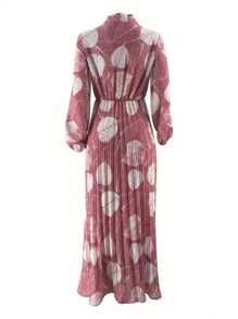 Front Lace-Up Long Sleeve Casual Plant Print Loose Simple Dress, Modest