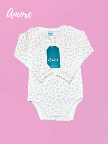 Body Manga Longa Flores Suedine - 100% Algodão - Rosê - Visão 1