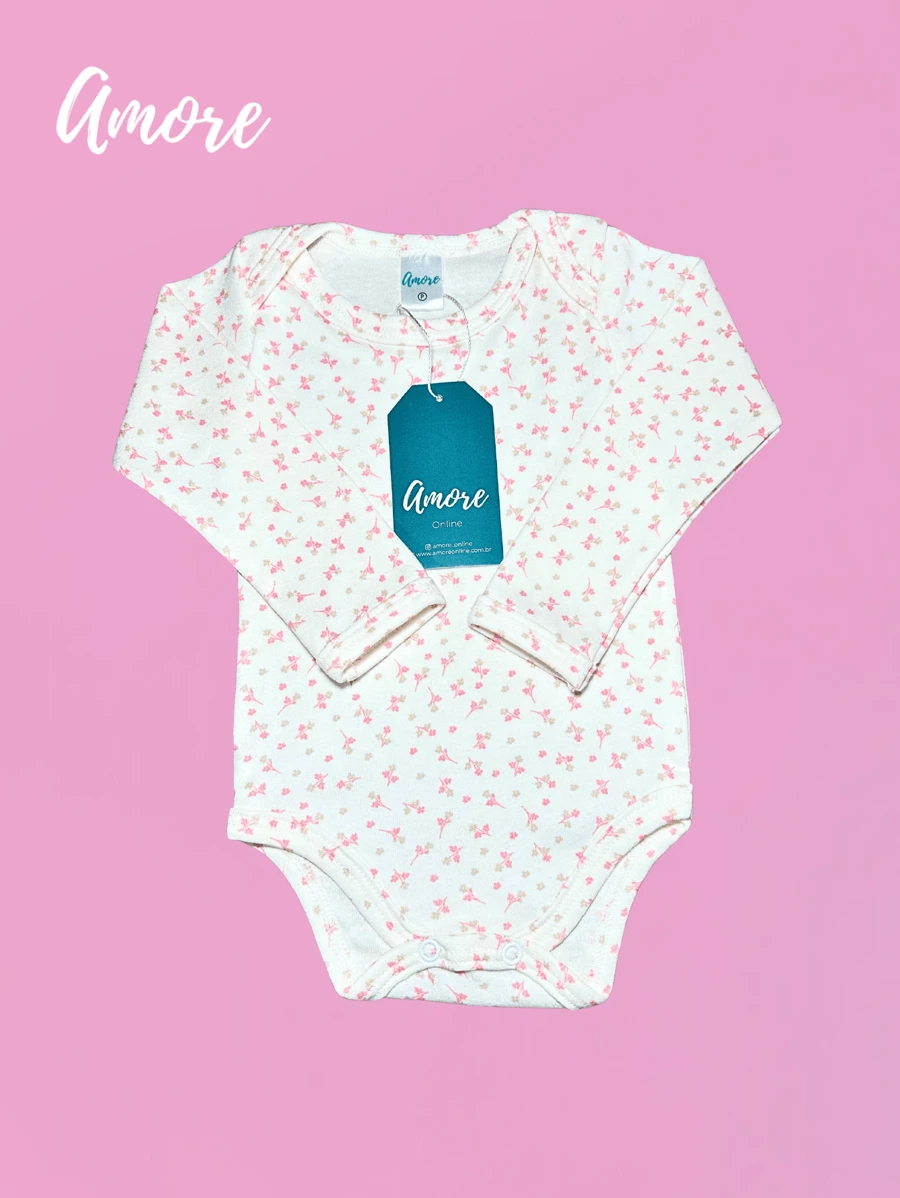 Body Manga Longa Flores Suedine - 100% Algodão - Rosê - Visão 1