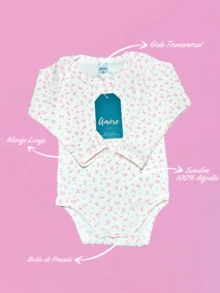 Body Manga Longa Flores Suedine - 100% Algodão - Rosê - Visão 2