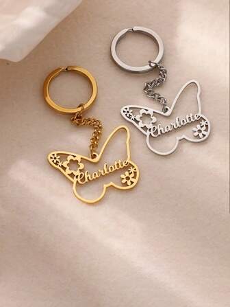 1PC Custom Name Butterfly Flower Stainless Steel Keychain, Women's Personalized Letter Pendant - Fashion Minimalist Accessory Gift,Customized Keychains & Accessories,Street Casual Chic