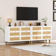 Ataucjin 6 Drawer Double Dresser For Bedroom,Rattan Chest Of Dressers,Farmhouse Wooden Dresser Chest With 5 Metal Legs, Golden Handles,Wide Rattan 6 Drawer Dresser For Bedroom,Living Room - 白色 - 查看 4
