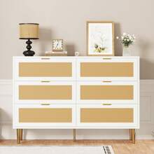 Ataucjin 6 Drawer Double Dresser For Bedroom,Rattan Chest Of Dressers,Farmhouse Wooden Dresser Chest With 5 Metal Legs, Golden Handles,Wide Rattan 6 Drawer Dresser For Bedroom,Living Room - 白色 - 查看 1