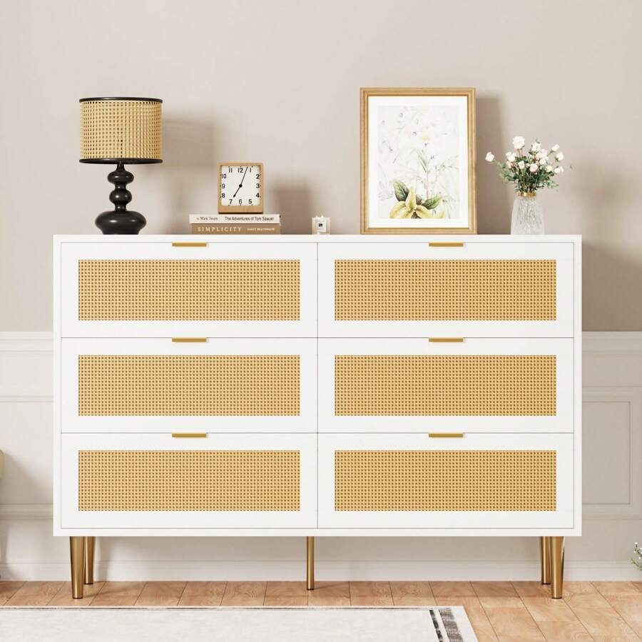 Ataucjin 6 Drawer Double Dresser For Bedroom,Rattan Chest Of Dressers,Farmhouse Wooden Dresser Chest With 5 Metal Legs, Golden Handles,Wide Rattan 6 Drawer Dresser For Bedroom,Living Room - 白色 - 查看 1