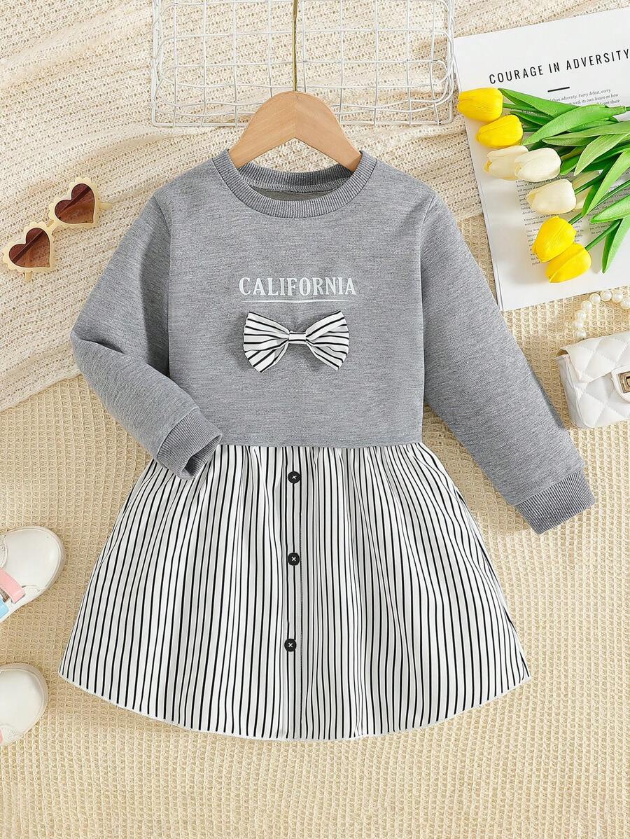 Vestido con capucha 2 en 1 con estampado de letras dulces y decoración de lazo para niñas jóvenes, uso casual para juegos al aire libre y escuela, para primavera/otoño