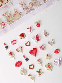 240个/盒美甲饰品,镂空蝴蝶结心形唇膏,镶钻金银美甲饰品,奢华Y2K金属美甲用品,情人节特惠,白色和红色水钻美甲宝石,适用于多功能DIY美甲配件。 - 彩色 - 查看 4