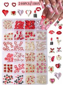 240个/盒美甲饰品,镂空蝴蝶结心形唇膏,镶钻金银美甲饰品,奢华Y2K金属美甲用品,情人节特惠,白色和红色水钻美甲宝石,适用于多功能DIY美甲配件。 - 彩色 - 查看 2