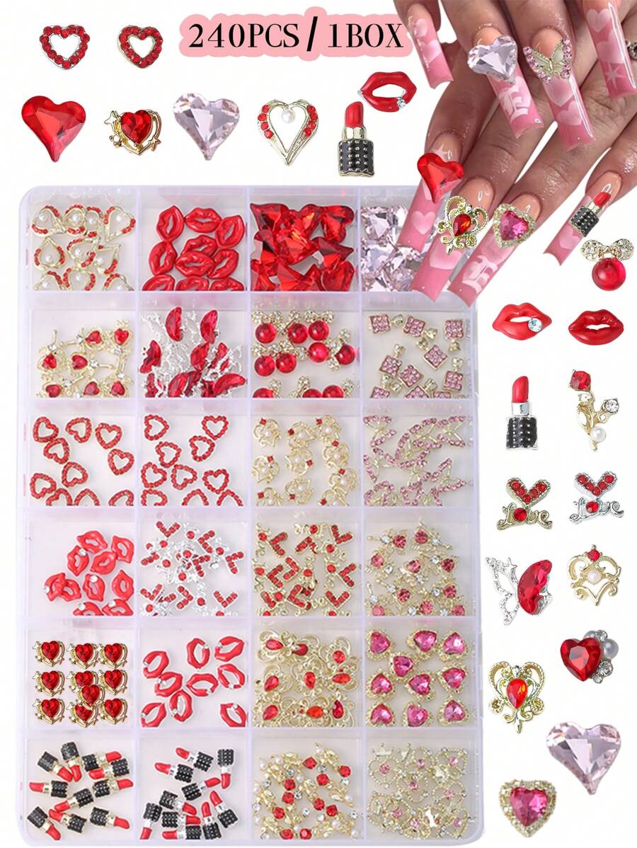 240个/盒美甲饰品，镂空蝴蝶结心形唇膏，镶钻金银美甲饰品，奢华Y2K金属美甲用品，情人节特惠，白色和红色水钻美甲宝石，适用于多功能DIY美甲配件。