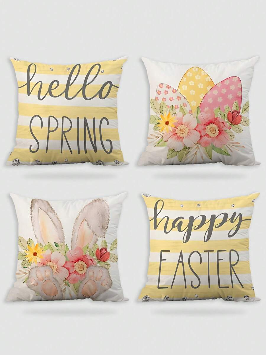 Juego de 4 / 1 funda de almohada de lana suave y cómoda con diseño impreso de conejito y huevo de Pascua, con cremallera invisible para la sala de estar o el sofá, sin relleno