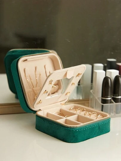 带镜子的便携式天鹅绒首饰盒，项链、戒指、耳环收纳盒，适合女士返校旅行的拉链方形首饰收纳盒