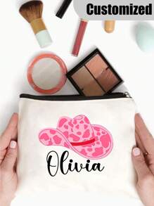 Customized Cowgirl Name Makeup Bag - Bachelorette Party Gift, Lightweight And Durable Polyester Zipper Cosmetic Bag, Convenient For Travel And Storage - Beige - View 4