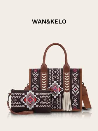 2pcs/Set Bohemian Vintage Style Bag Set Includes Women Tote Bag & Handbag With Wallet , Bohemian Outfit For Women