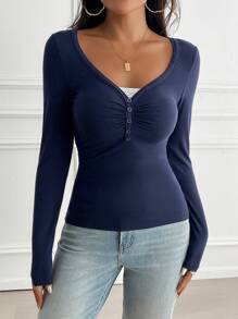 Women's T-Shirt Y2K Fall Clothes Casual Daily Sexy Solid Color Lace Contrasting Color Slim Long Sleeve V-Neck Top