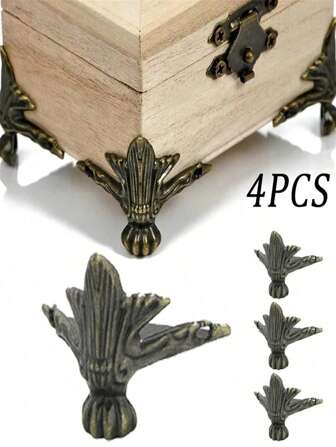 4/8Pcs Antique Wood Box Feet Leg Corner Protector Wood Case Decorative Iron Feet Legs Corner Protector Jewelry Gift Box Triangle Rattan Carved Decorative Bracket For Furniture Hardware