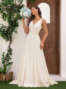 Vestido de novia de encaje y gasa romántico con patchwork hasta el suelo para la novia