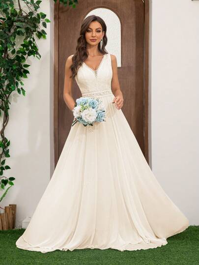 Women's Romantic Chiffon Lace Patchwork Floor-Length Wedding Dress,Bride