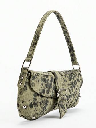 Vintage Green Asymmetric Animal Print Shoulder Bag For Women, Fashionable Y2K Leopard Print Rivet Motorcycle Style Shoulder Bag, Hobo Bag, Street Style, Suitable For Teenage Girls, Leopard Print Bag, Animal Print Underarm Bag, Rivet Street Style Handbag, Y2K Underarm Bag, Suitable For Dating, Casual, Fashion Party, Travel, School, Holiday Gift, Bags Ladies Elegant