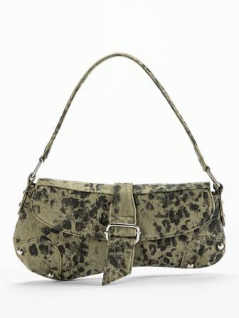 Vintage Green Asymmetric Animal Print Shoulder Bag For Women, Fashionable Y2K Leopard Print Rivet Motorcycle Style Shoulder Bag, Hobo Bag, Street Style, Suitable For Teenage Girls, Leopard Print Bag, Animal Print Underarm Bag, Rivet Street Style Handbag, Y2K Underarm Bag, Suitable For Dating, Casual, Fashion Party, Travel, School, Holiday Gift, Bags Ladies Elegant